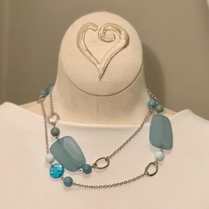 Long Sea Foam Green & Aqua Beaded Silver Necklace